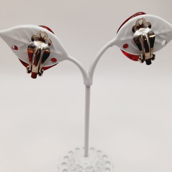 Artisan Iridescent Red Dichroic Glass Clip On Earrings Handmade Vintage Style - Picture 7 of 9